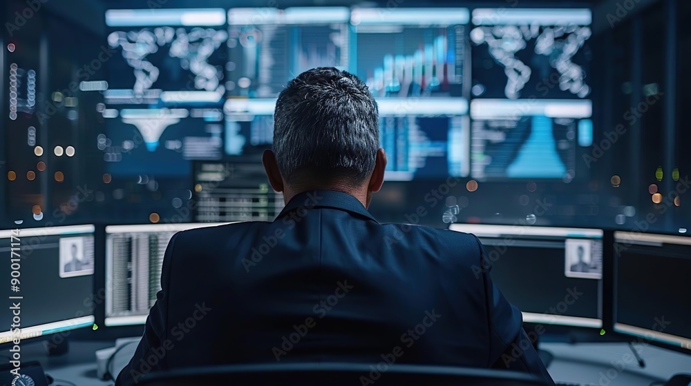 Man Sitting In Front of Multiple Computer Monitors with Data and Graphs on Screens - Photo Man Sitting In Front of Multiple Computer Monitors with Data and Graphs on Screens - Photo