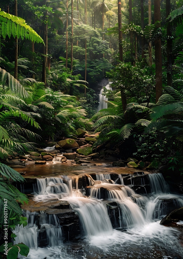 A peaceful forest scene with a small waterfall cascading over rocks, surrounded by lush vegetation and tall trees creating a serene atmosphere. A peaceful forest scene with a small waterfall cascading over rocks, surrounded by lush vegetation and tall trees creating a serene atmosphere.