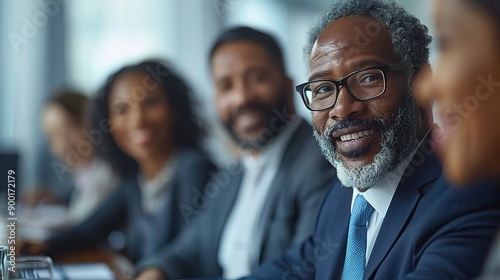 Confident Leadership in Focus: A distinguished Black CEO smiles confidently at the head of a diverse boardroom table, embodying leadership and success in the corporate world. 