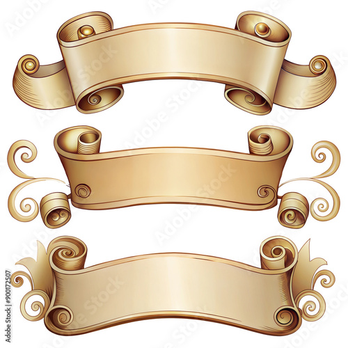 vintage scrolls ribbons set on white old blank banner. poster, web and label. Hand drawn in a graphic style