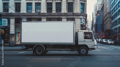 Small truck with a blank white mockup driving through a bustling city street, ready for custom advertising or branding. Ideal for showcasing urban marketing concepts.