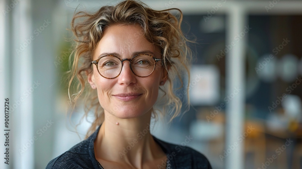 Confident Creative: Portrait of a radiant woman with curly hair and glasses, her warm smile exuding confidence and approachability. Confident Creative: Portrait of a radiant woman with curly hair and glasses, her warm smile exuding confidence and approachability.
