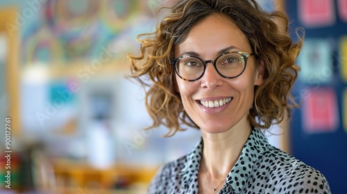 Radiant Teacher's Joy: A portrait of a cheerful, confident teacher with curly hair and glasses, radiating warmth and enthusiasm in a vibrant classroom setting. 