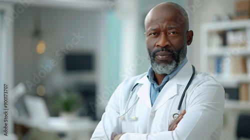 Confident Black Doctor: A serious Black male doctor in a white coat with a stethoscope around his neck stands confidently with his arms crossed in a modern clinic. 