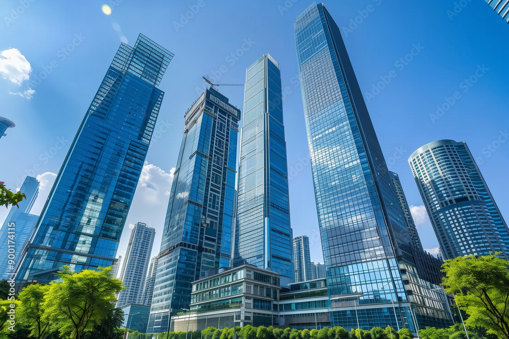 Skyscrapers Reaching into a Bright Blue Sky with White Clouds on a Sunny Day Skyscrapers Reaching into a Bright Blue Sky with White Clouds on a Sunny Day