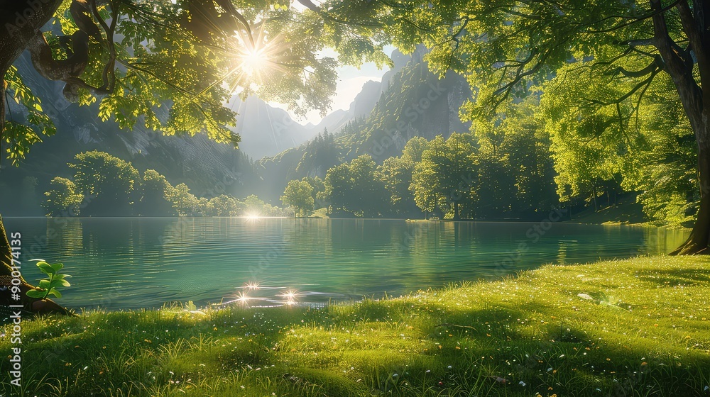 Fototapeta premium Beautiful morning at the lake in the mountains Nature background
