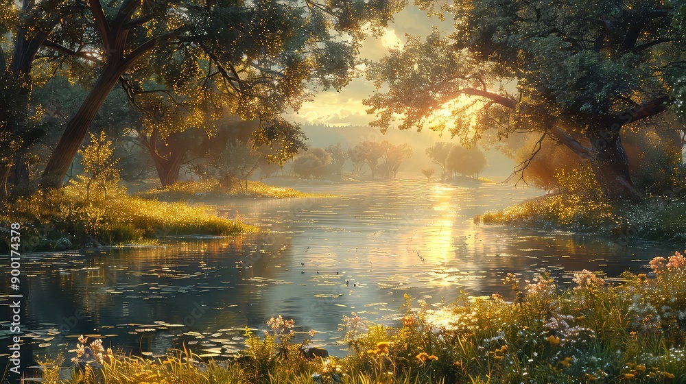 Obraz premium Sunset on the river in a summer park Landscape nature background