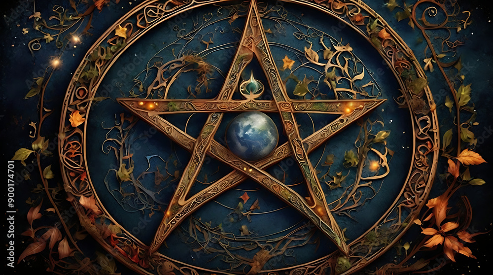 Obraz premium A detailed digital illustration of the Wiccan pentacle, symbolizing earth, air, fire, water, and spirit, with intricate designs and mystical elements, with space for text.