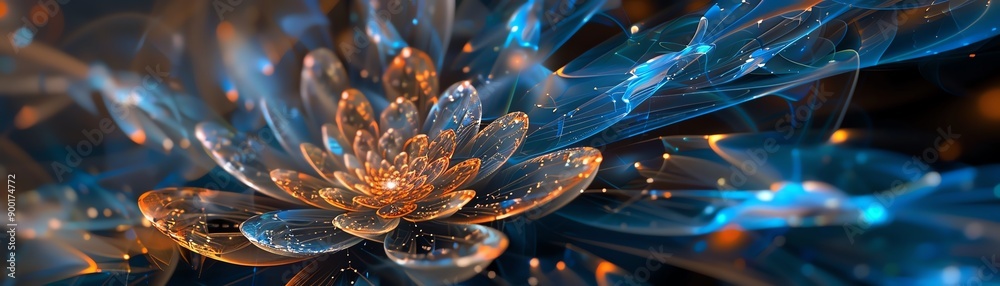 Ethereal, glowing abstract flower with blue and orange hues on a dark background Ethereal, glowing abstract flower with blue and orange hues on a dark background