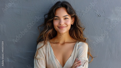 Radiant Confidence: A young woman with flowing brunette hair and a captivating smile exudes natural beauty and self-assurance against a modern gray background.  photo