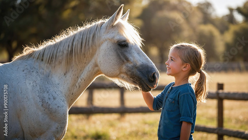  Little girl gently strokes a white horse, both sharing a tender and joyful moment in a sunlit meadow.