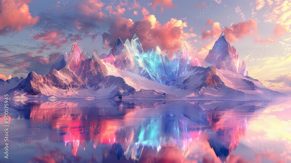 Crystal Mountains - Design a scene with abstract crystal mountains and reflective surfaces Crystal Mountains - Design a scene with abstract crystal mountains and reflective surfaces