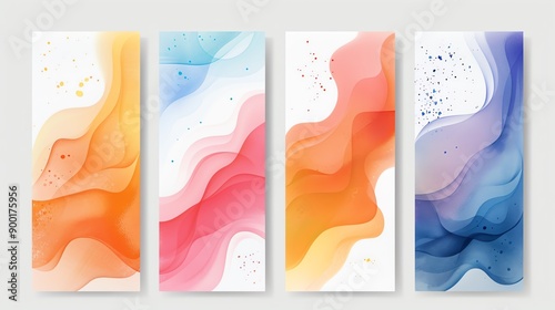Four abstract banners with colorful gradient waves and dots,watercolor