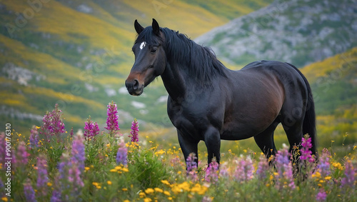 Elegant black horse stands proudly in a lush mountain meadow with colorful wildflowers, exuding grace and strength.
