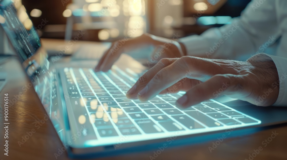 Close-up of Hands Typing on a Glowing Laptop Keyboard Close-up of Hands Typing on a Glowing Laptop Keyboard