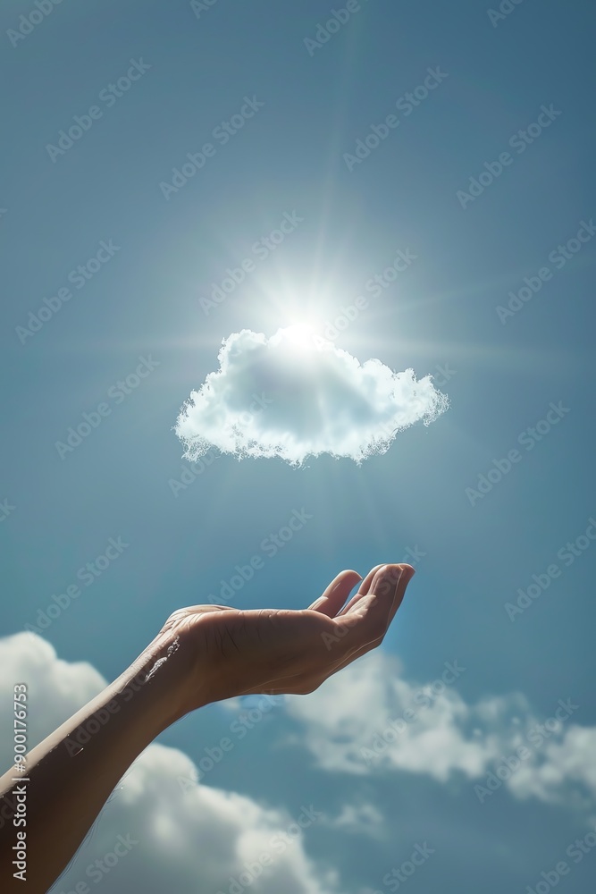 Hand holding a small cloud against a blue sky, closeup, bright light, whimsical and creative imagery Hand holding a small cloud against a blue sky, closeup, bright light, whimsical and creative imagery