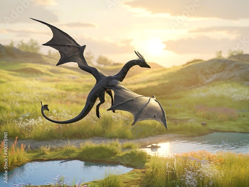 Black craw flying over a meadow