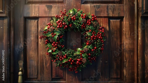 Festive 3D wreath with holly and berries on a wooden door, Christmas3Dbackground, classic and elegant