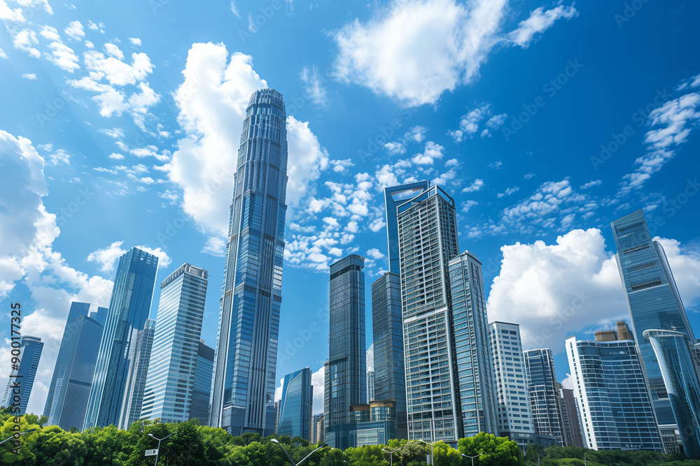 Skyscrapers Reaching into a Bright Blue Sky with White Clouds on a Sunny Day Skyscrapers Reaching into a Bright Blue Sky with White Clouds on a Sunny Day