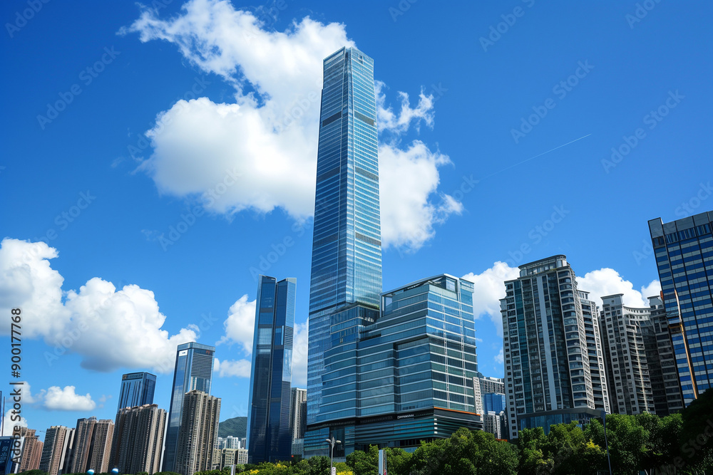 Obraz premium Skyscrapers Viewed from Below with Blue Sky and White Clouds