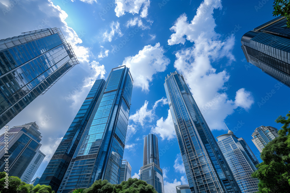 Skyscrapers Viewed from Below with Blue Sky and White Clouds Skyscrapers Viewed from Below with Blue Sky and White Clouds