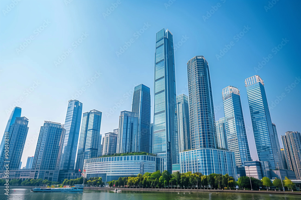 Fototapeta premium Skyscrapers Viewed from Below with Blue Sky and White Clouds