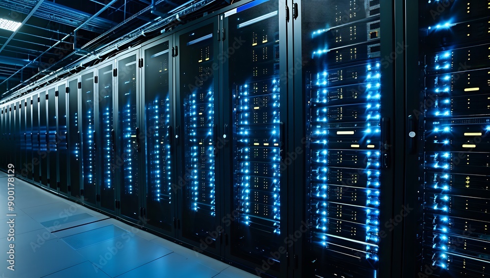 Dark data center with blue lights and powerful servers Dark data center with blue lights and powerful servers