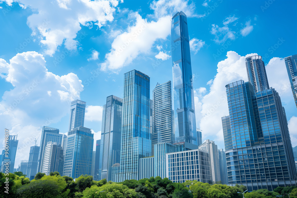 Skyscrapers Viewed from Below with Blue Sky and White Clouds Skyscrapers Viewed from Below with Blue Sky and White Clouds