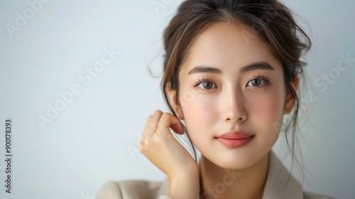 Confident and Radiant: A captivating portrait of a beautiful Asian woman exudes confidence and natural radiance, showcasing her delicate features and warm smile. 