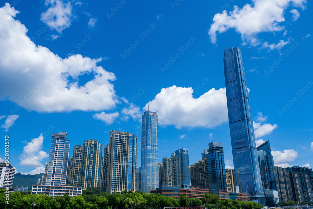 Skyscrapers Viewed from Below with Blue Sky and White Clouds Skyscrapers Viewed from Below with Blue Sky and White Clouds