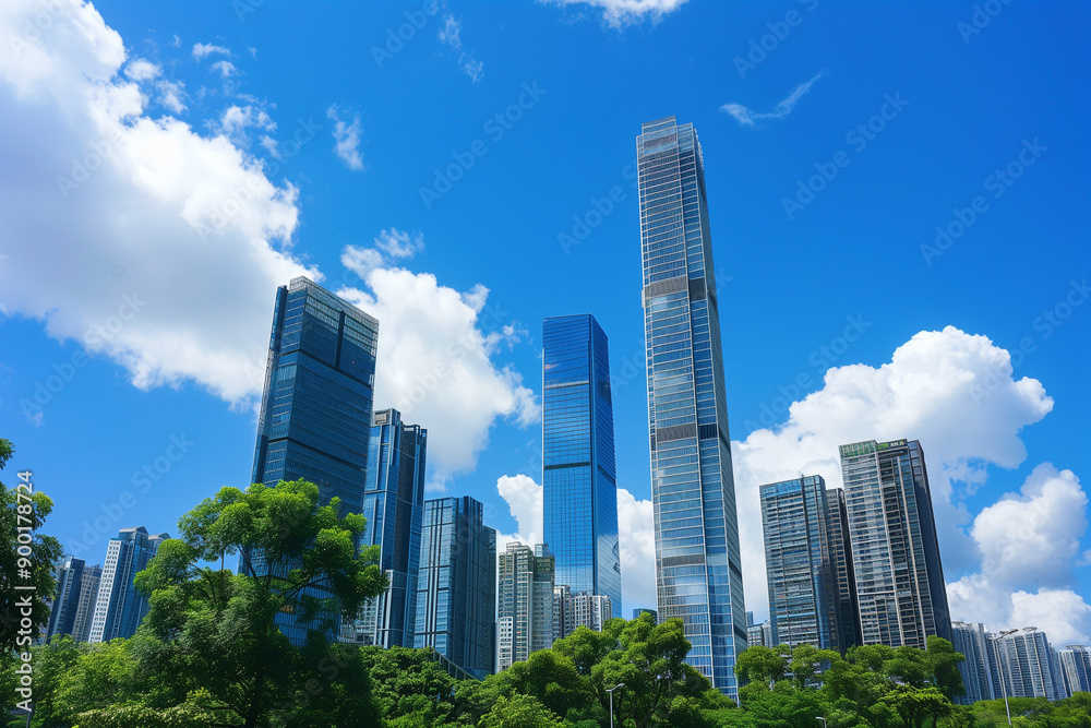 Skyscrapers Viewed from Below with Blue Sky and White Clouds Skyscrapers Viewed from Below with Blue Sky and White Clouds