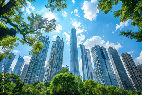 Skyscrapers Viewed from Below with Blue Sky and White Clouds