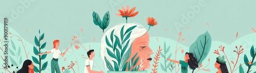 Illustrative scene of people nurturing growth with a headshaped planter photo