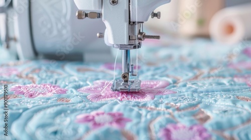 Closeup of a sewing machine stitching intricate patterns on fabric, artisanal production, craft development