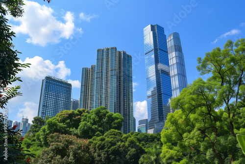 Skyscrapers Reaching into a Bright Blue Sky with White Clouds on a Sunny Day