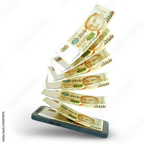 Obraz na płótnie Singapre dollar notes entering or coming out of a smartphone