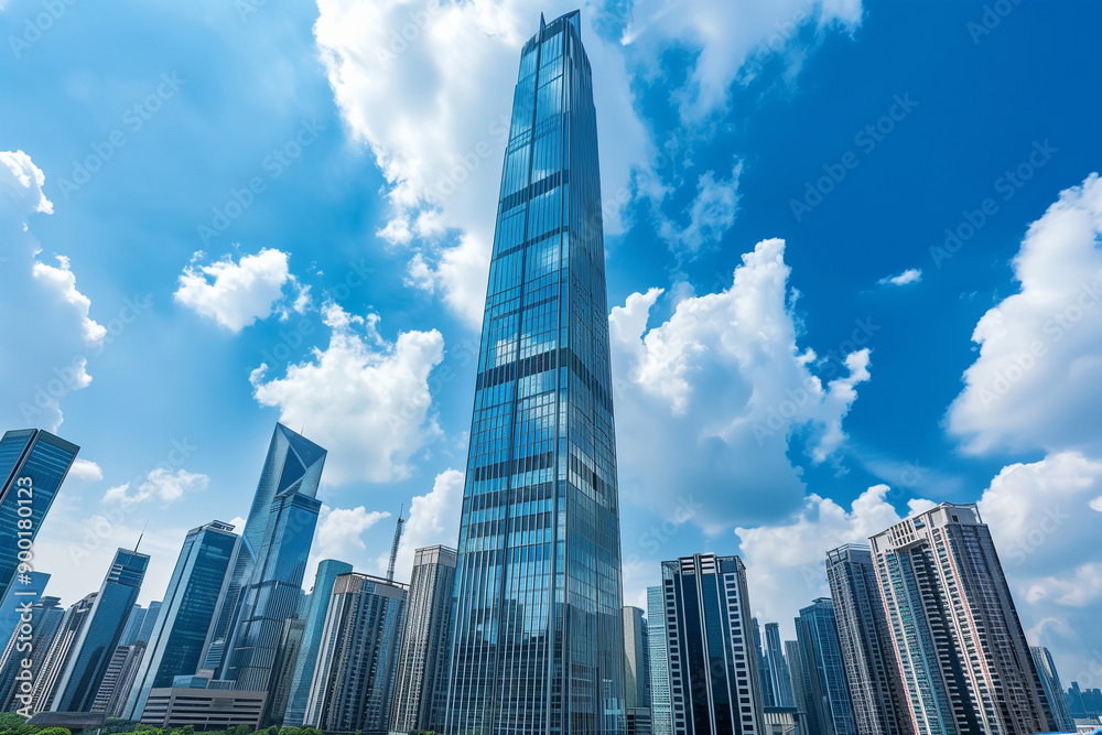 Fototapeta premium Skyscrapers Reaching into a Bright Blue Sky with White Clouds on a Sunny Day