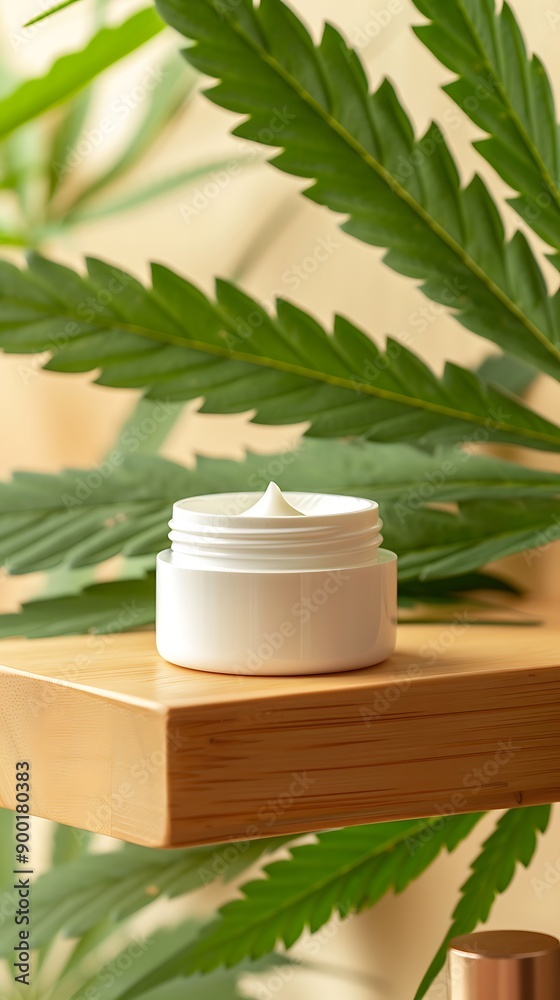 Cannabis-Infused Face Cream in White Jar with Green Leaves Cannabis-Infused Face Cream in White Jar with Green Leaves