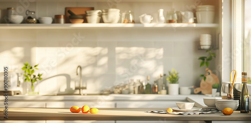 A kitchen with a lot of items on the counter, including a bowl of lemons by AI generated image © chartchai