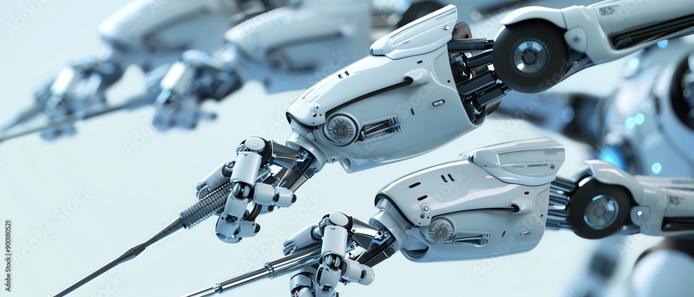 Fototapeta premium Multiple robotic arms equipped with surgical instruments, indicating advanced medical robotics