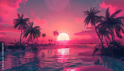 Neon pink sunset over surreal landscape, palm trees, glowing water, vibrant sky, wideangle view