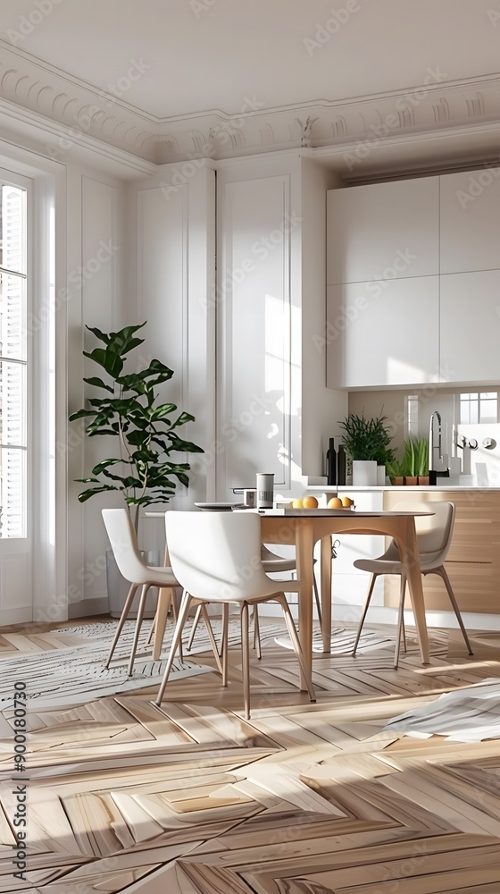 Fototapeta premium Cozy and bright apartment in Paris with wooden floor and plants.