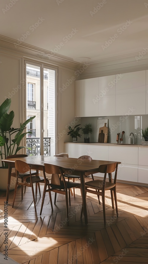 Fototapeta premium Cozy and bright apartment in Paris with wooden floor and plants.