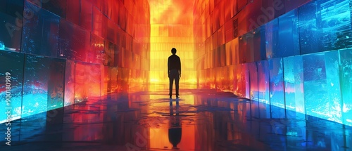 Person standing between glowing, colorful panels in a futuristic setting