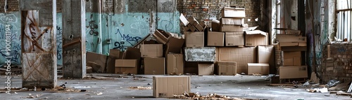 Recycled cardboard boxes in an abandoned warehouse photo