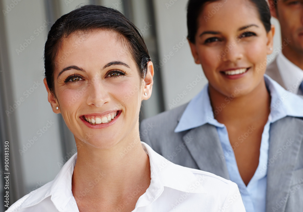 Portrait, business woman and confidence in about us with colleague, diversity or collaboration in office. Female person, smile and group for team building, employee or professional in accounting firm Portrait, business woman and confidence in about us with colleague, diversity or collaboration in office. Female person, smile and group for team building, employee or professional in accounting firm