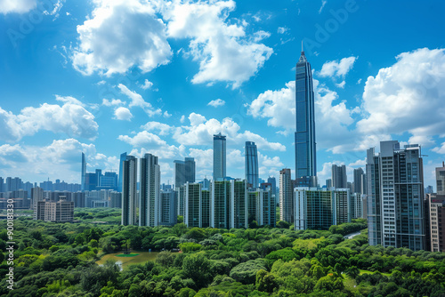 Skyscrapers Reaching into a Bright Blue Sky with White Clouds on a Sunny Day