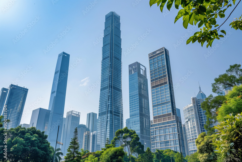 Skyscrapers Reaching into a Bright Blue Sky with White Clouds on a Sunny Day Skyscrapers Reaching into a Bright Blue Sky with White Clouds on a Sunny Day