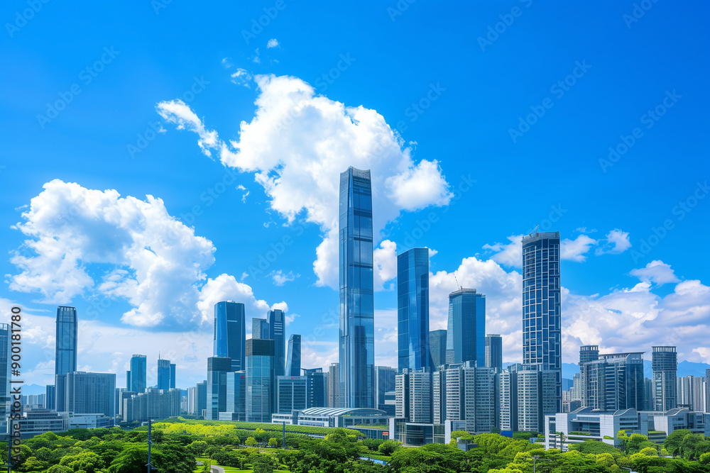 Skyscrapers Reaching into a Bright Blue Sky with White Clouds on a Sunny Day Skyscrapers Reaching into a Bright Blue Sky with White Clouds on a Sunny Day