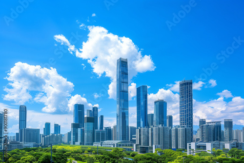 Skyscrapers Reaching into a Bright Blue Sky with White Clouds on a Sunny Day